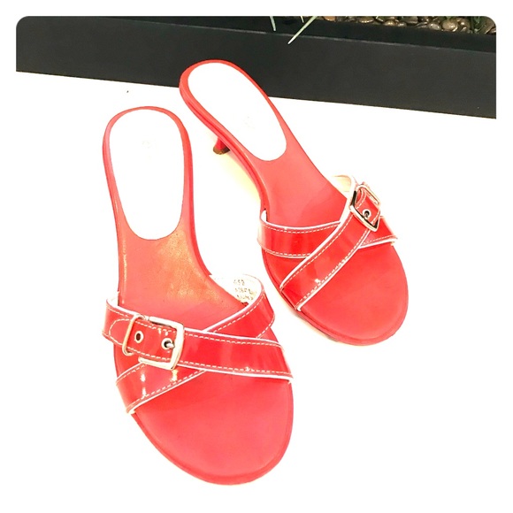 red kitten heel sandals